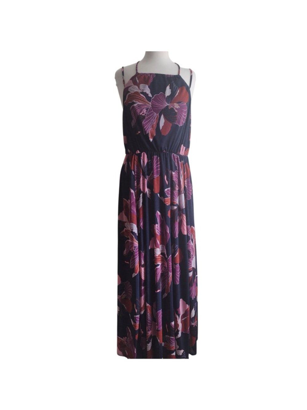 Anthropologie Floral Halter Dress L NEW Navy Purple Strappy Open Back Maxi - Picture 7 of 10